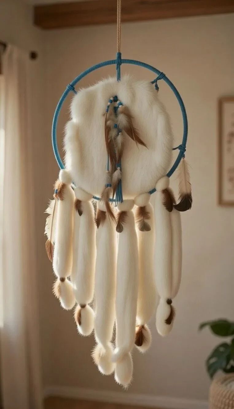 Luxury White Faux Fur Dreamcatcher - Blue Hoop, Long Fur Tassels, Feathers & Bea